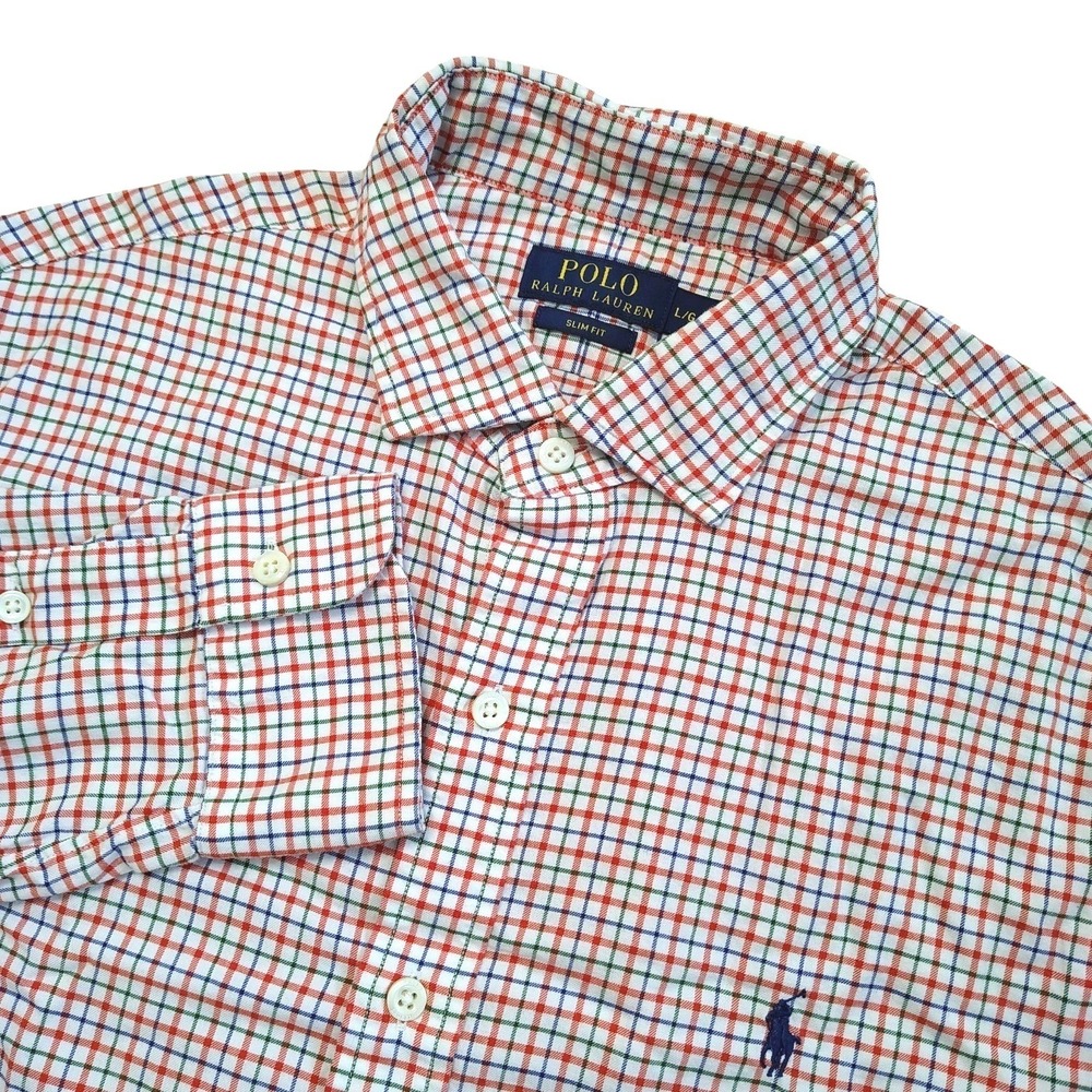 Polo Ralph Lauren Button Down Shirt Mens Large Slim Fit Orange Green Plaid Check
